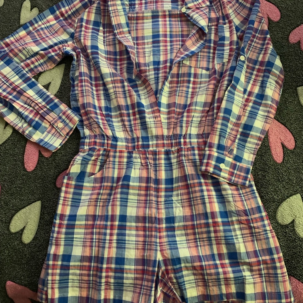 Blue Pink & White Long-Sleeve Shorts Jumpsuit